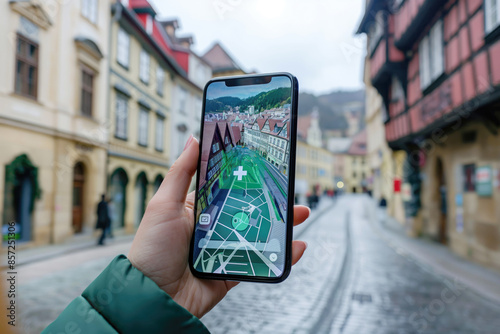 Hand Holding Smartphone with Augmented Reality Navigation in City Street