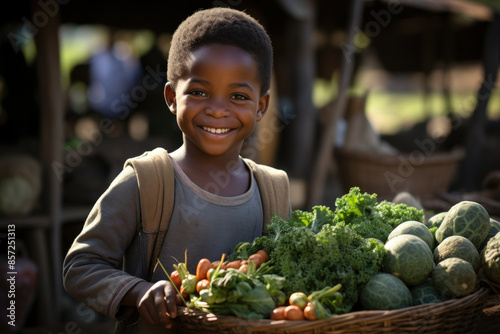 Smiling boy at farmer's market with fresh vegetables