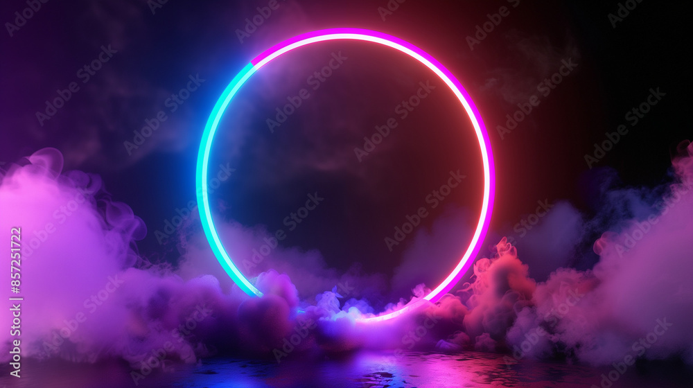 Neon Circle with Colorful Smoke: Futuristic Abstract Design with Pink and Blue Light on Black Background
Neon Circle with Colorful Smoke: Futuristic Abstract Design with Pink and Blue Light on Black Background