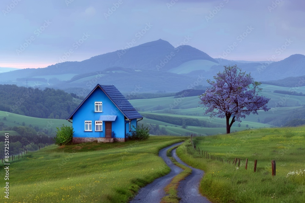 Blue house in a picturesque countryside with rolling hills and a blooming tree Blue house in a picturesque countryside with rolling hills and a blooming tree