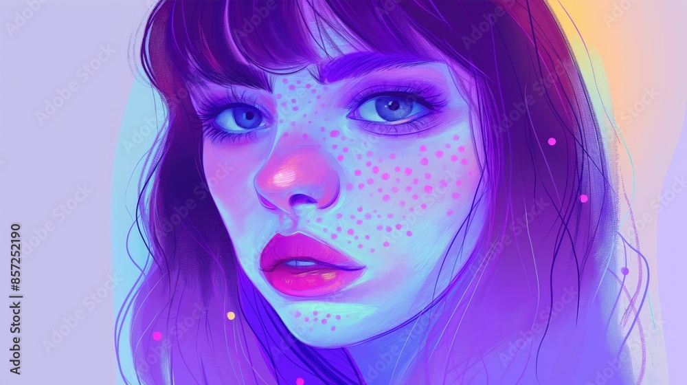 A close-up, abstract portrait of a woman with purple hair and freckles A close-up, abstract portrait of a woman with purple hair and freckles