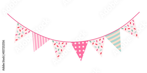 A pink banner with white background and pink and green flags. The banner is decorated with sprinkles