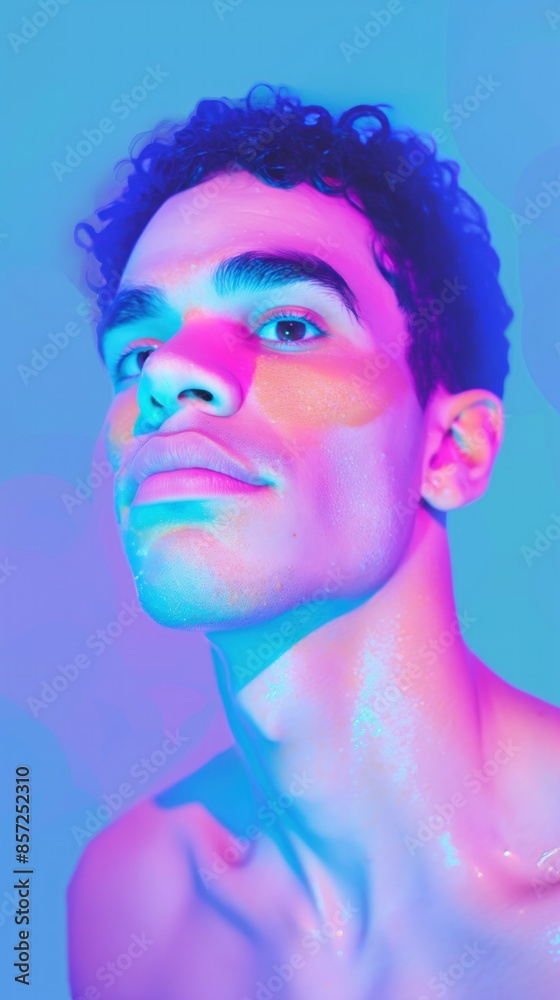 Fototapeta premium A mans face illuminated by neon lights