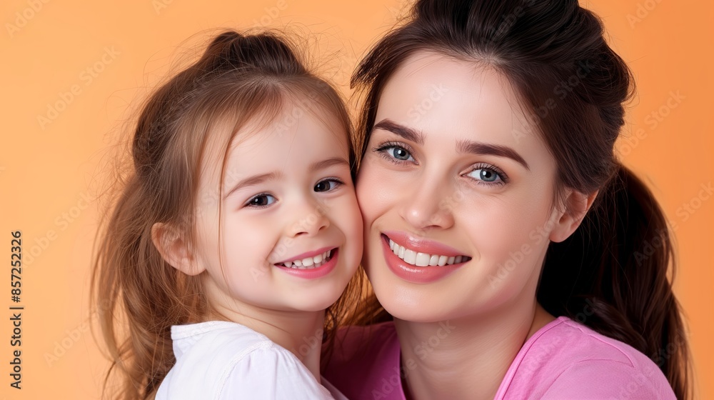 Smiling mother and daughter against a peach background. Warm family moment showcasing love and happiness. Smiling mother and daughter against a peach background. Warm family moment showcasing love and happiness.