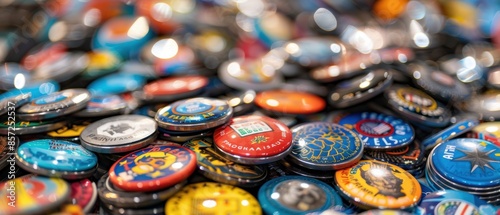 Close-up of political buttons and stickers on a table photo