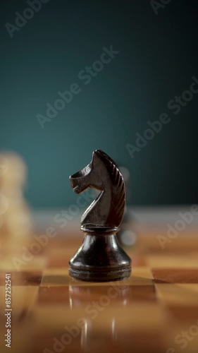 Chess knights in stalemate on wooden board, showing strategic focus and competitive battle photo