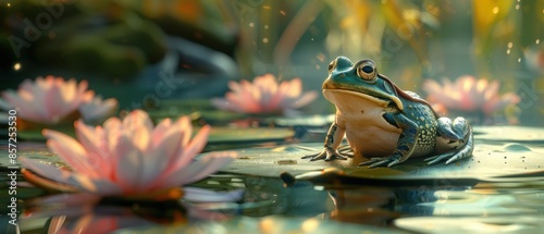 Closeup of a frog on a lily pad in a pond, 8k UHD photo