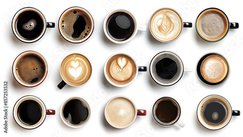 Assorted Coffee Cups Top View On White Background