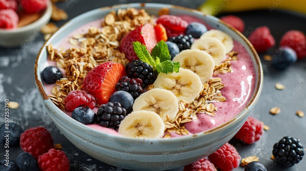 A refreshing fruit smoothie bowl topped with fresh berries, banana slices, and granola for a healthy breakfast. A refreshing fruit smoothie bowl topped with fresh berries, banana slices, and granola for a healthy breakfast.