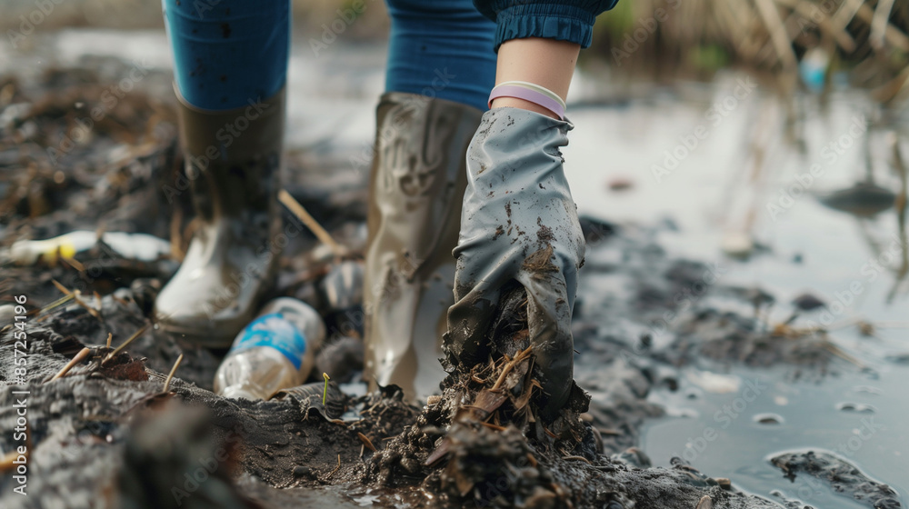 A dedicated volunteer collects garbage on a muddy beach, emphasizing the importance of environmental conservation and Earth Day efforts A dedicated volunteer collects garbage on a muddy beach, emphasizing the importance of environmental conservation and Earth Day efforts