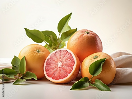 Juicy Grapefruit Display with Whole Fruits and Vibrant Green Leaves. Generative AI photo