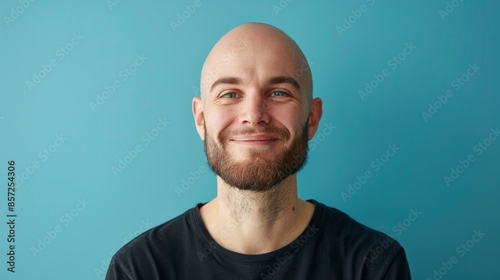Minimal waist up portrait of positive mature bald man smiling at camera Minimal waist up portrait of positive mature bald man smiling at camera