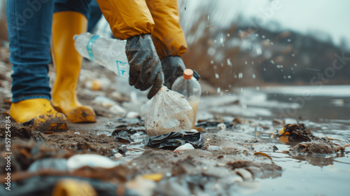 A dedicated volunteer collects garbage on a muddy beach, emphasizing the importance of environmental conservation and Earth Day efforts