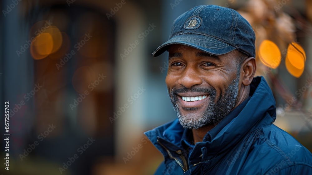 Middle-aged African American male postal worker in a neat uniform, happily delivering mail in a suburban neighborhood. Middle-aged African American male postal worker in a neat uniform, happily delivering mail in a suburban neighborhood.