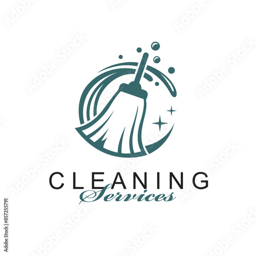 cleaning service design with broom and water splash isolated on white background