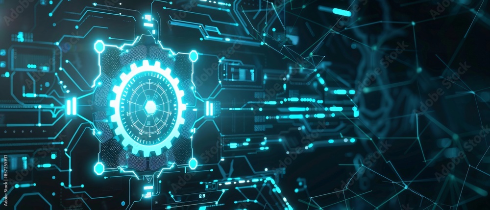 Futuristic Gear and Shield Illustration on Digital Tech Background Futuristic Gear and Shield Illustration on Digital Tech Background