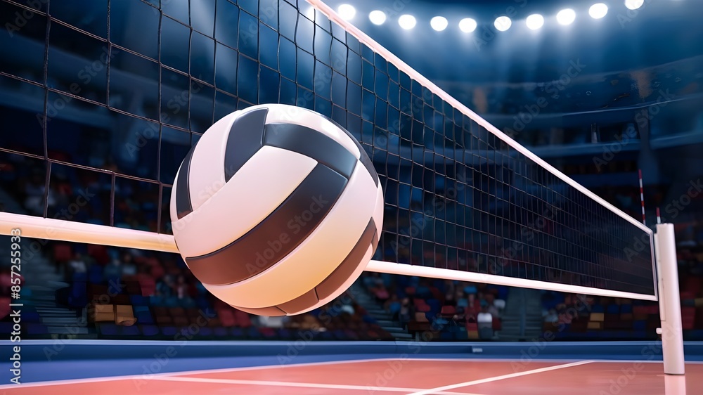 This 3D graphic highlights the game environment by showing a different angle of a volleyball ball and net during a match in an arena. This 3D graphic highlights the game environment by showing a different angle of a volleyball ball and net during a match in an arena.