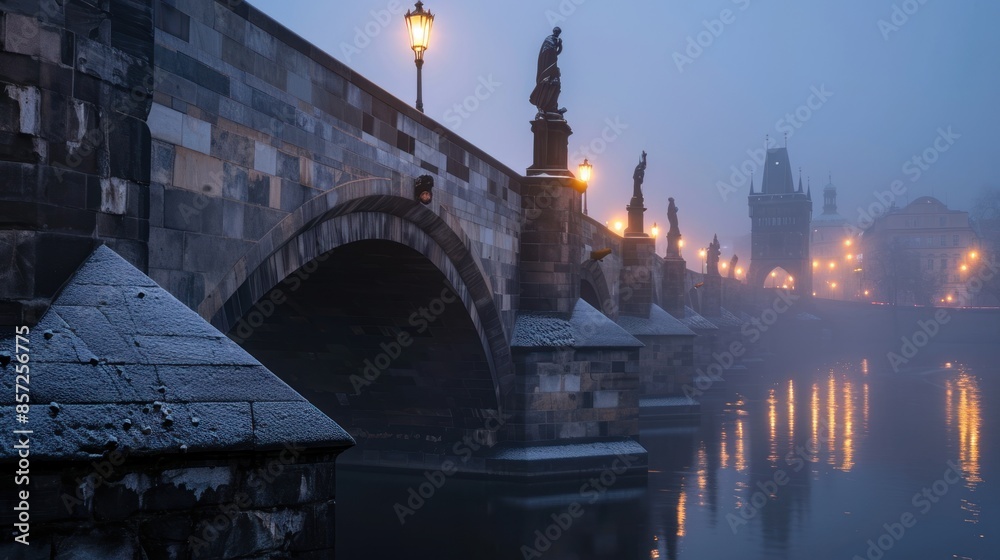 Naklejka premium Beautiful historical buildings in winter with snow and fog in Prague city in Czech Republic in Europe.