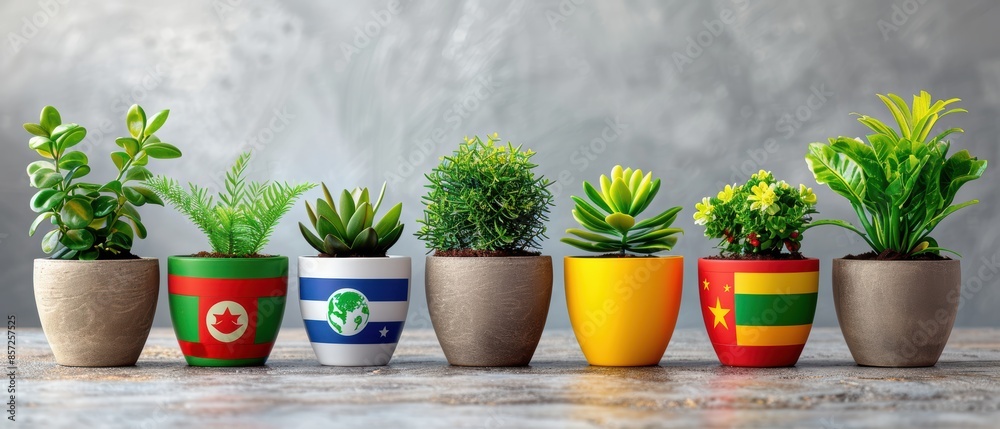 Collection of green plants in pots with flags of different nations, , bright white background, copy space Collection of green plants in pots with flags of different nations, , bright white background, copy space