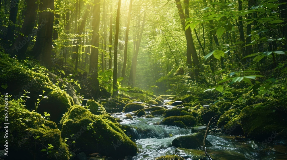Fototapeta premium Spring Awakening: A serene forest scene with trees budding fresh green leaves, a gentle stream flowing through moss-covered rocks, and sunlight filtering through the canopy.
