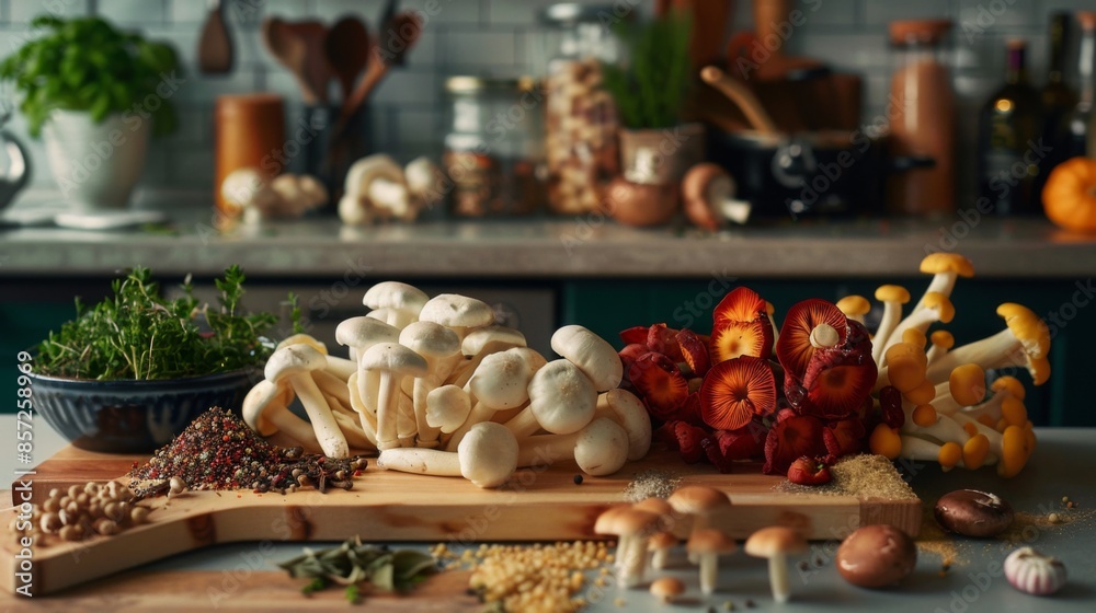 A variety of edible mushrooms displayed with herbs and spices on a kitchen counter A variety of edible mushrooms displayed with herbs and spices on a kitchen counter