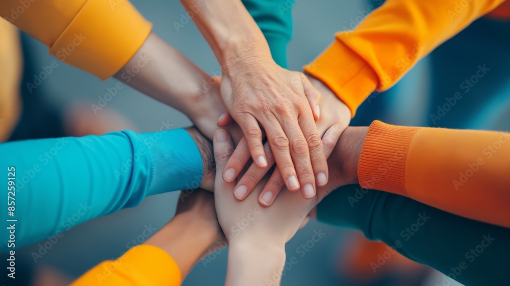 Group of diverse hands coming together in a circle signifying unity, teamwork, and collaboration. Perfect for community and support concepts. Group of diverse hands coming together in a circle signifying unity, teamwork, and collaboration. Perfect for community and support concepts.