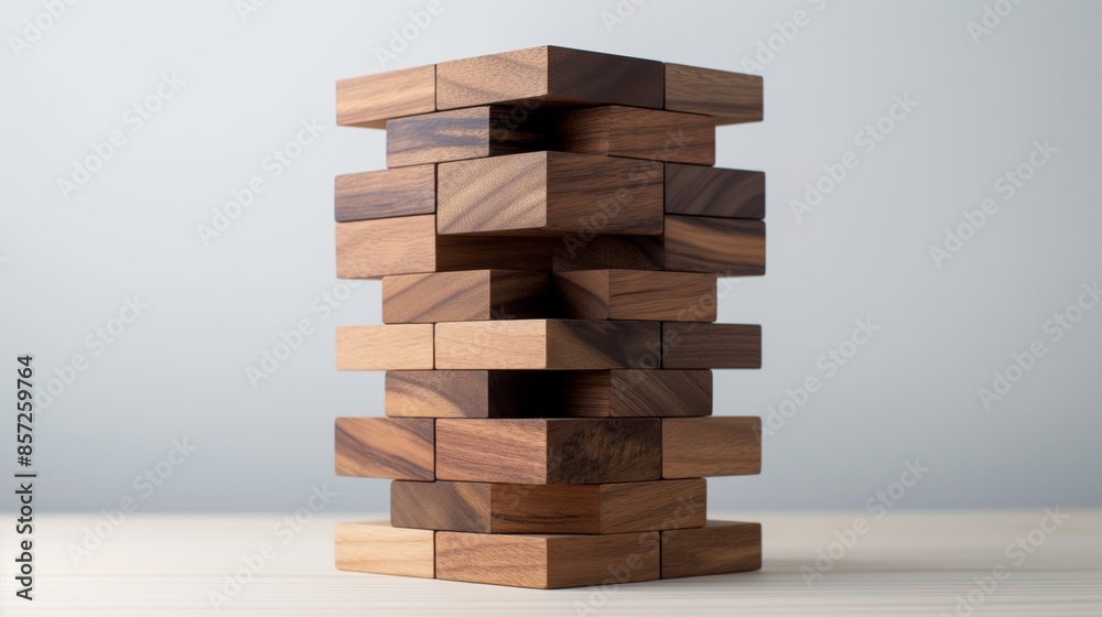 Close-up of a wooden block tower game stacking precariously on a table against a neutral background, symbolizing balance and challenge. Close-up of a wooden block tower game stacking precariously on a table against a neutral background, symbolizing balance and challenge.
