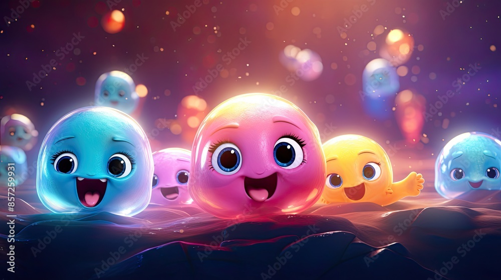 Obraz premium Whimsical Cartoon Creatures Enjoying a Magical Night