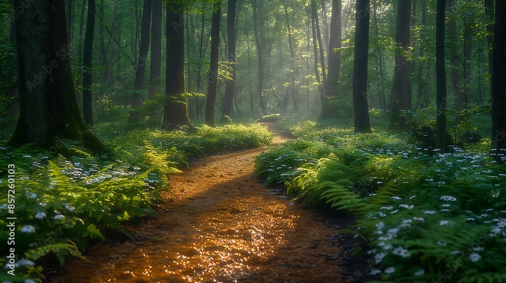 Fototapeta premium In the heart of a lush forest, sunlight filters through the dense canopy, casting dappled shadows on the forest floor.