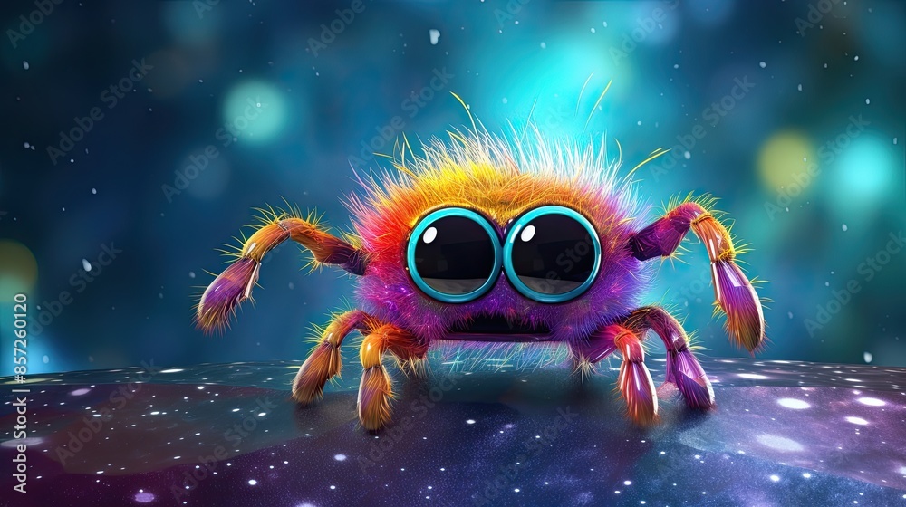 Fototapeta premium Colorful Animated Spider Character Under Mysterious Cosmic Lights