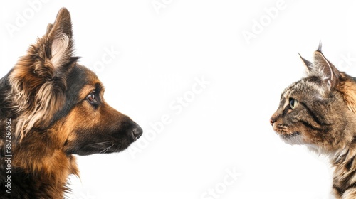 Cute dog and cat with plain background.