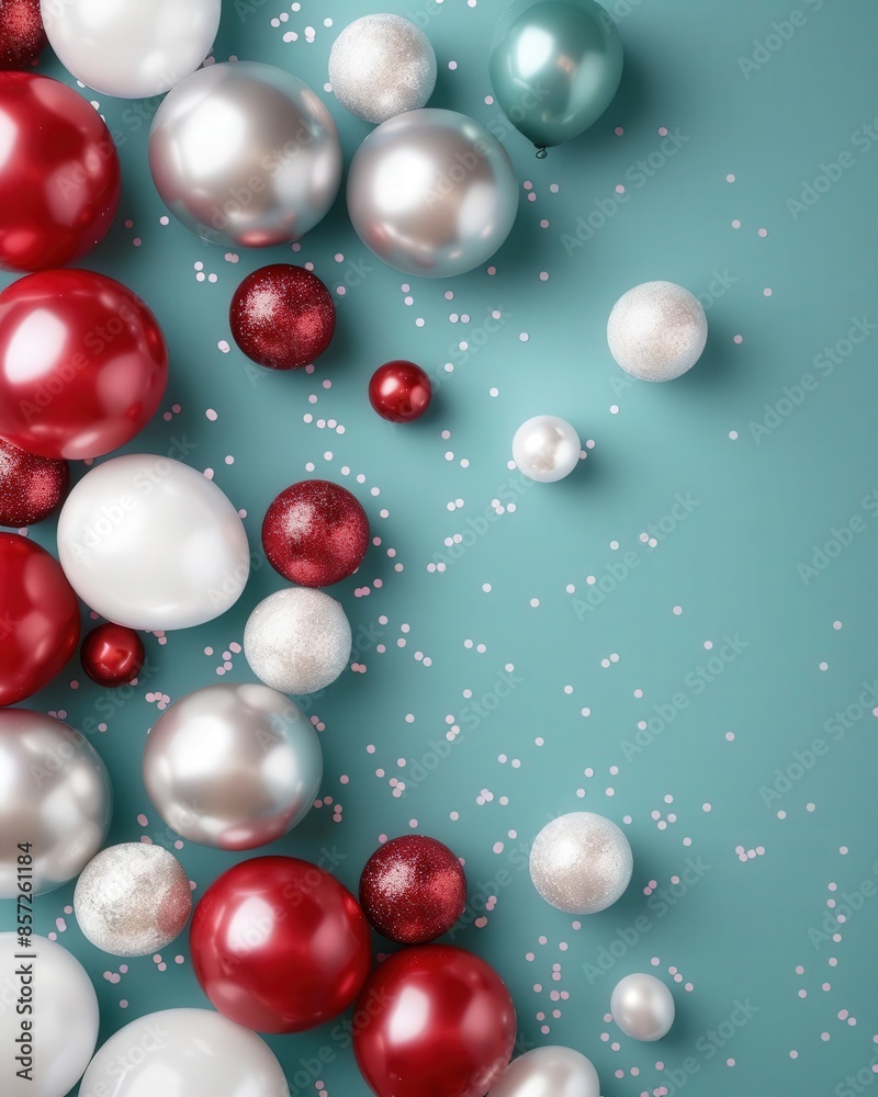 Festive composition with red, white, and silver balloons on a blue background, perfect for celebrations and party themes. Festive composition with red, white, and silver balloons on a blue background, perfect for celebrations and party themes.