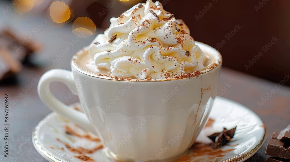 A delightful cup of hot chocolate topped with generous whipped cream and sprinkled with chocolate flakes, served in a white cup with a saucer, on a cozy table setting. A delightful cup of hot chocolate topped with generous whipped cream and sprinkled with chocolate flakes, served in a white cup with a saucer, on a cozy table setting.