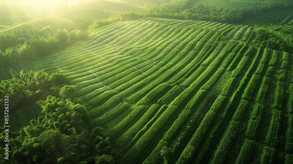 Fototapeta premium Aerial View of Lush Green Terraced Fields at Sunrise in Tranquil Countryside