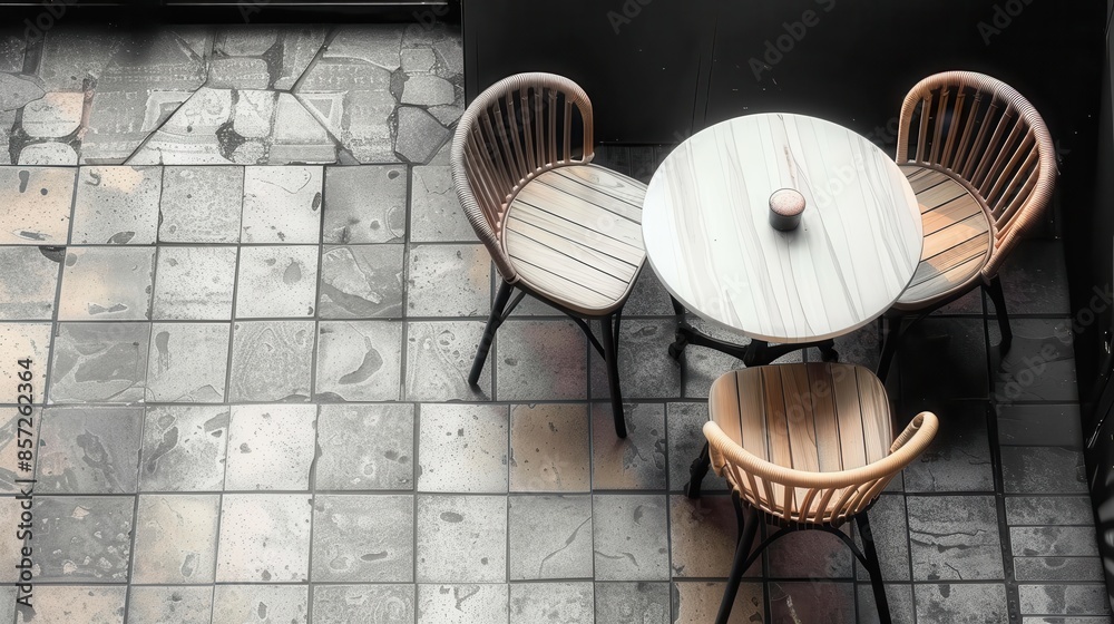 Obraz premium A simple and aesthetic outdoor cafe seating arrangement with a round table and three wooden chairs around it, placed on a tiled patio, evoking a peaceful and inviting ambiance.