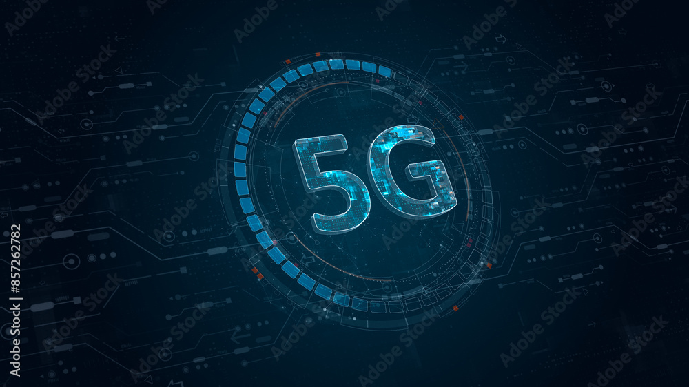 Blue digital 5G letter and circle futuristic HUD elements with flowing arrows with generation of connection technology concepts on abstract background Blue digital 5G letter and circle futuristic HUD elements with flowing arrows with generation of connection technology concepts on abstract background