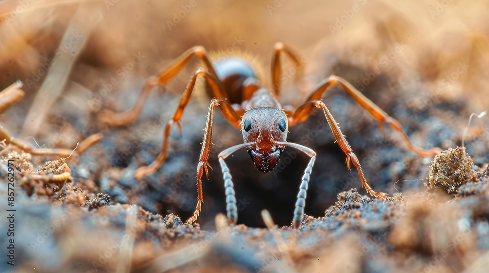 High-resolution image capturing an ant's face emergence from sandy ground, showcasing its antennas and mandibles as it looks directly into the camera in its natural habitat. High-resolution image capturing an ant's face emergence from sandy ground, showcasing its antennas and mandibles as it looks directly into the camera in its natural habitat.