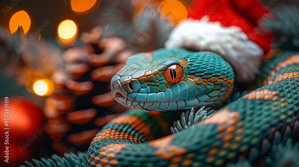 Close up of a Green Snake in a Red Santa Hat on Christmas Decor Background. The Snake is the Symbol of the Chinese New Year 2025
Close up of a Green Snake in a Red Santa Hat on Christmas Decor Background. The Snake is the Symbol of the Chinese New Year 2025