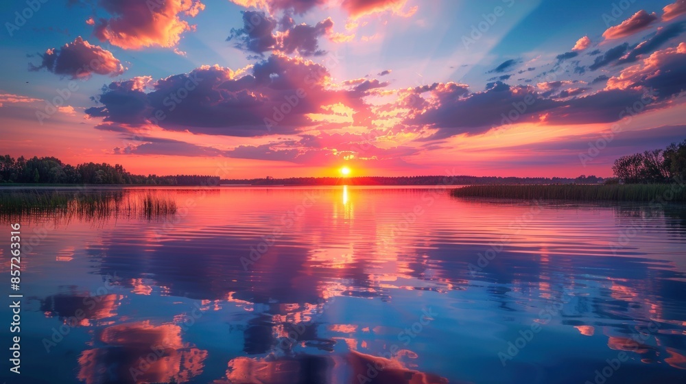 A vibrant sunset over a calm lake, with colorful clouds reflecting in the water. A vibrant sunset over a calm lake, with colorful clouds reflecting in the water.