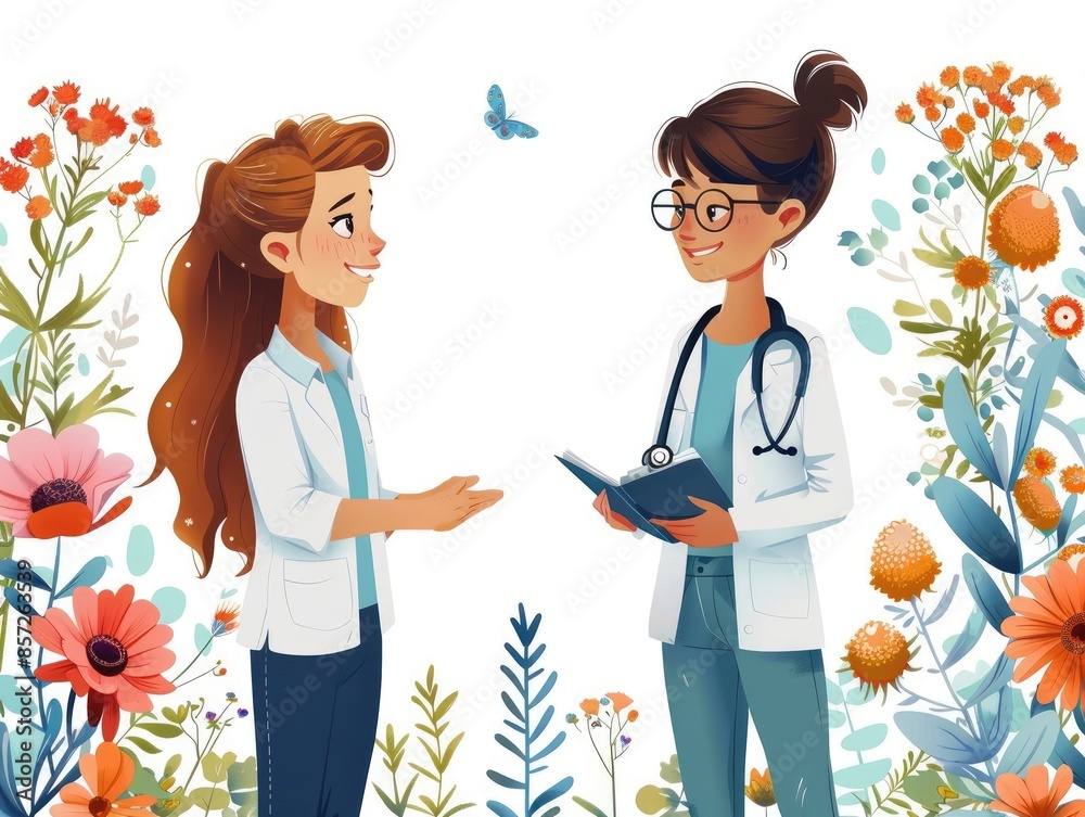 Obraz premium Two Women Doctors Talking in a Garden.
