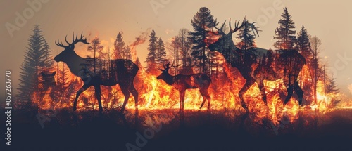 A silhouette of deer running through a forest fire.