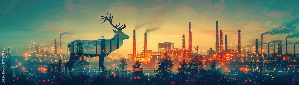 A deer stands in front of a factory reflecting in the water at sunset.
