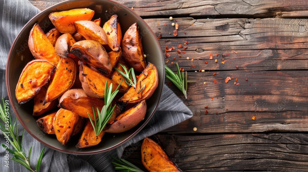 Roasted sweet potatoes with rosemary on rustic wooden background Roasted sweet potatoes with rosemary on rustic wooden background