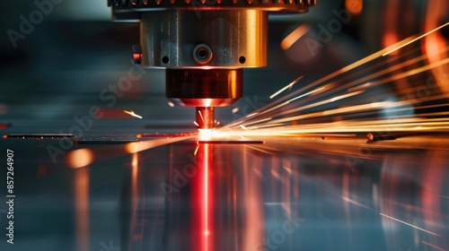 Close-up of a laser beam cutting through a sheet of stainless steel and sparks shooting out from the side