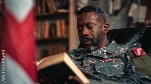 A close-up of a military officer in uniform reading a book in a peaceful and thoughtful setting, showcasing knowledge and patriotism, with an American flag nearby. photo