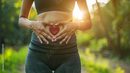 Woman's Hands with Heart Over Stomach Concept, Exercise and Diet, Fitness and Gut Health, Self-Love for Wellness, Training in the Summer, Healthy Workout Outside, Woman's Hands Showing Self-Love, Exer