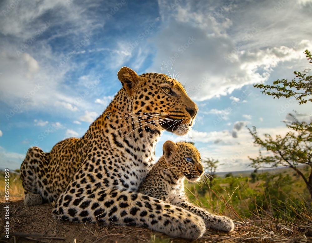 Naklejka premium Leopard mit tierbaby