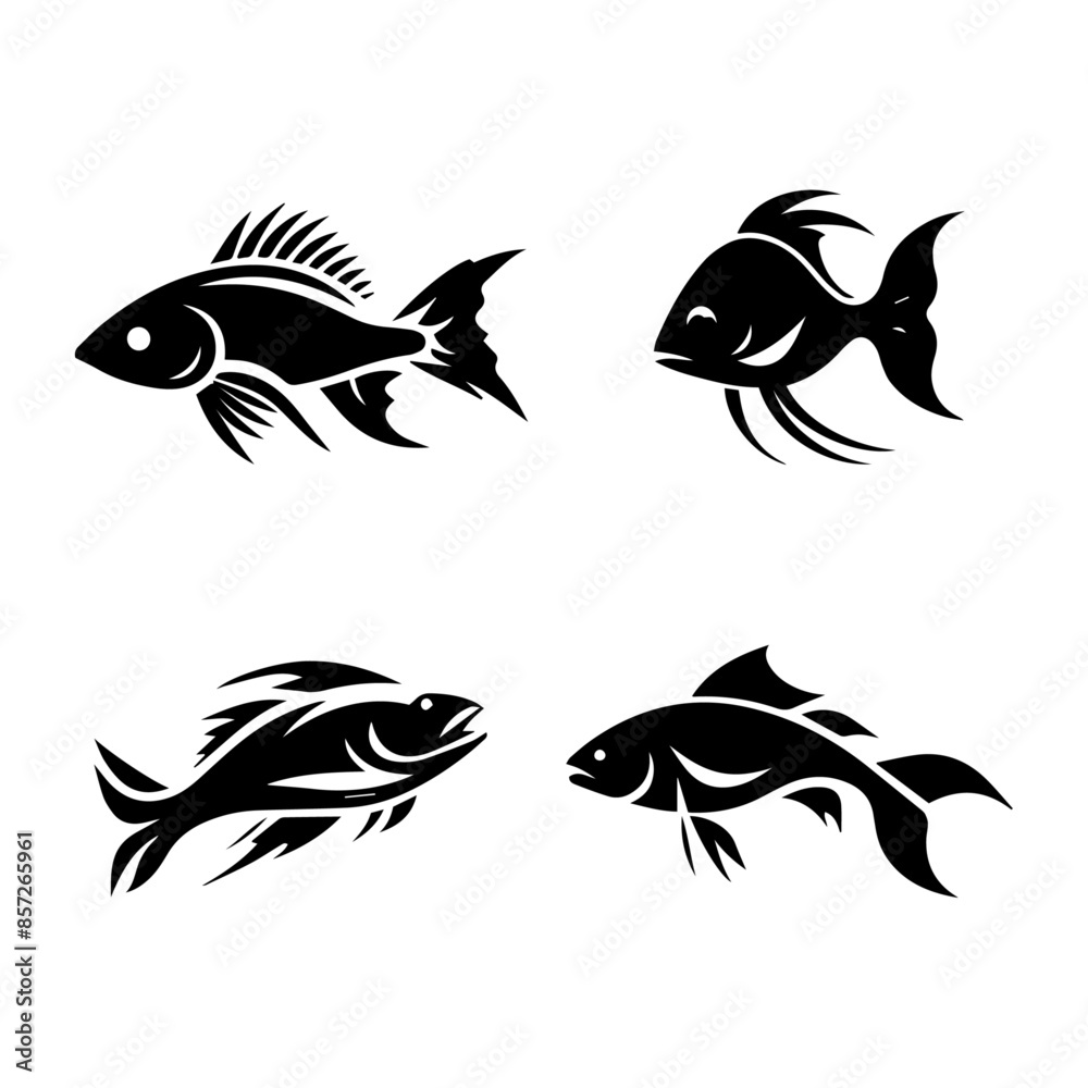 fish swimming silhouette set black and white, Silhouette of a fish in swimming position fish swimming silhouette set black and white, Silhouette of a fish in swimming position