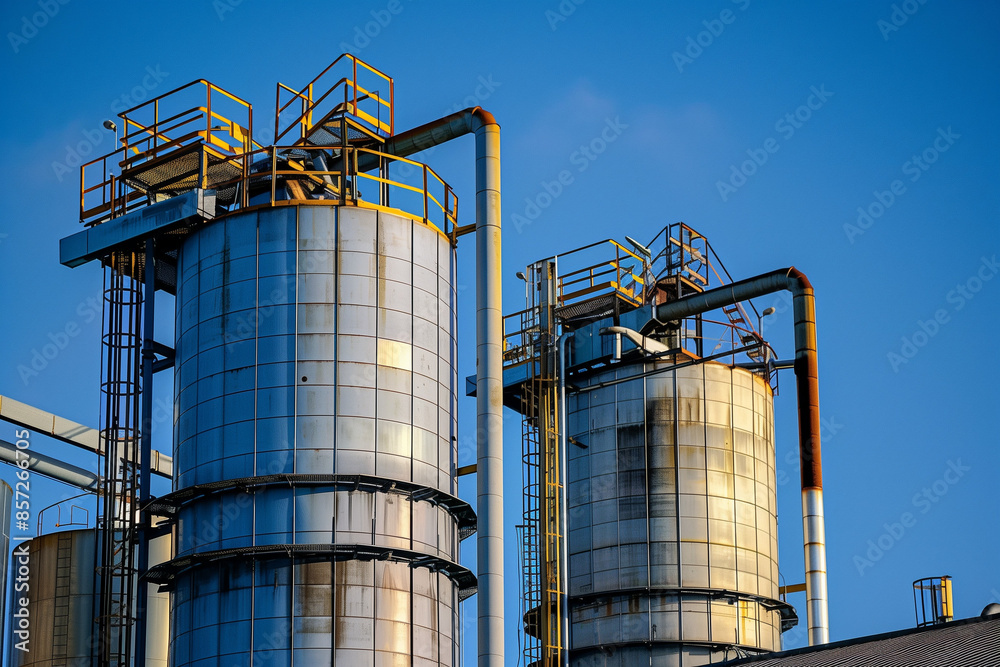 Factory chimneys and silos emitting smoke, representing industrial production and its environmental impact. Industrial landscape Factory chimneys and silos emitting smoke, representing industrial production and its environmental impact. Industrial landscape