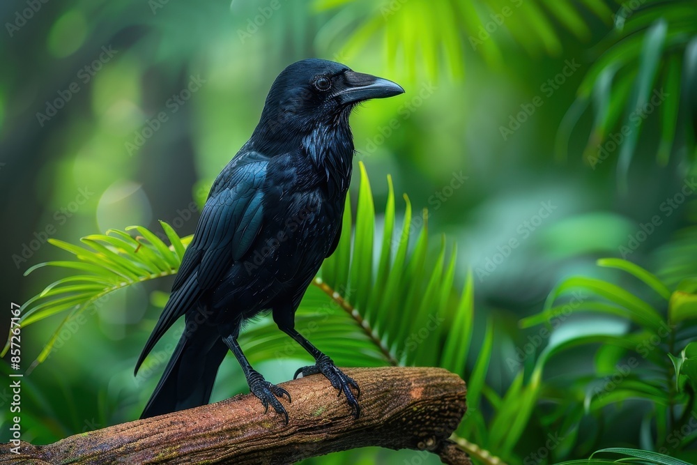 A Hawaiian crow perched on a branch in a tropical forest, its glossy black feathers and intelligent eyes capturing the essence of this rare bird. A Hawaiian crow perched on a branch in a tropical forest, its glossy black feathers and intelligent eyes capturing the essence of this rare bird.
